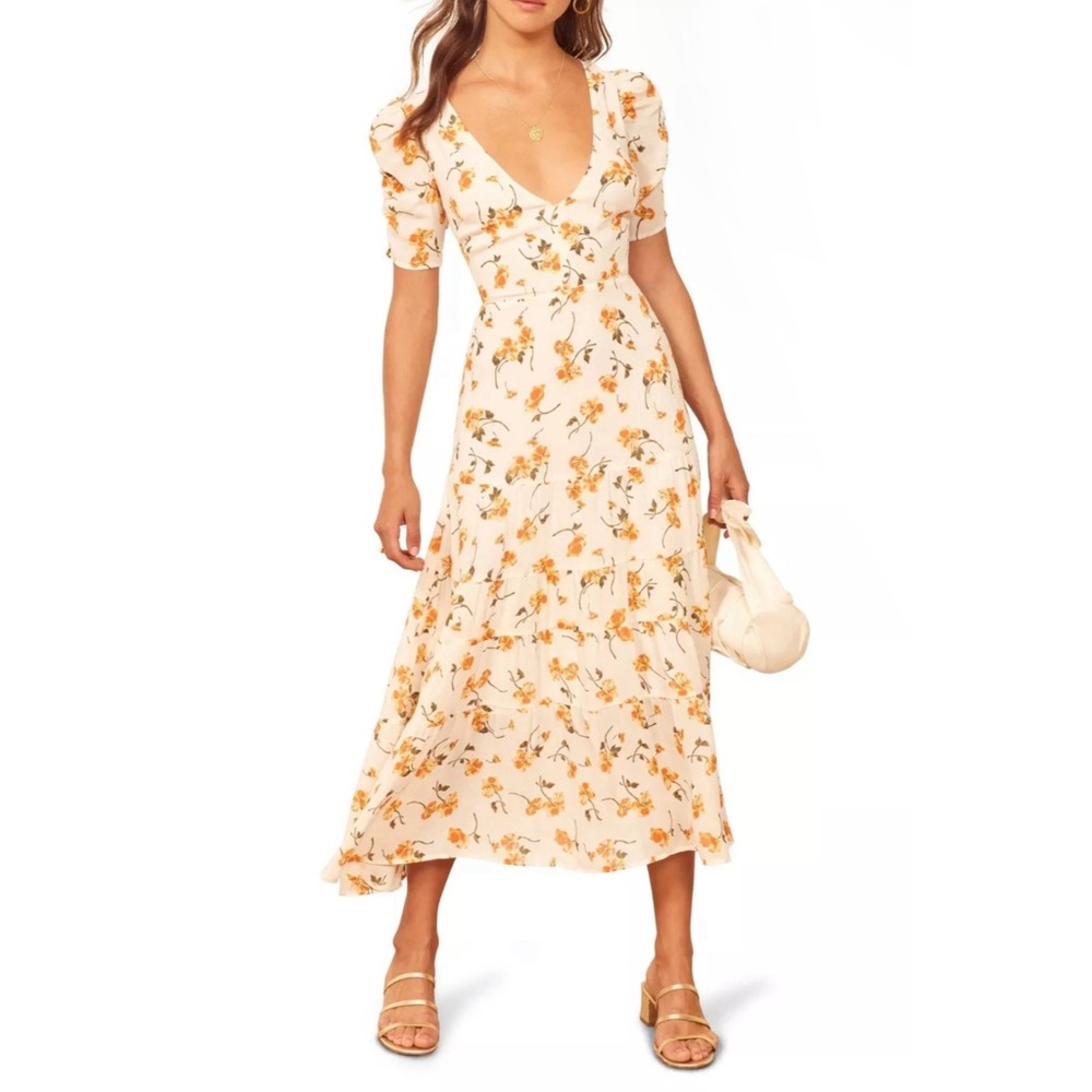 Reformation Cosa Floral V Neck Short Sleeve Midi Dress in Yellow Limonada
